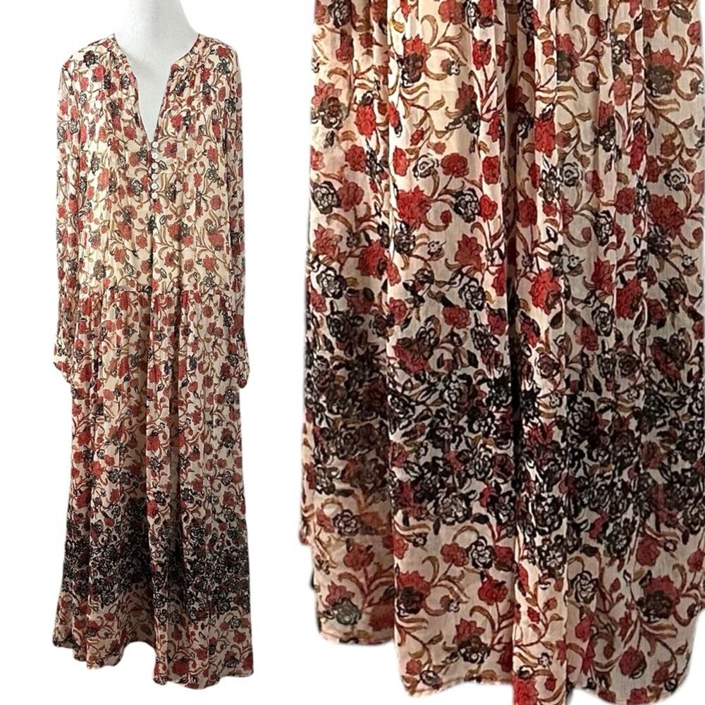 Free People Bohemian Billowy Floral See It Through Maxi Dress Tea Combo Medium - Picture 6 of 14
